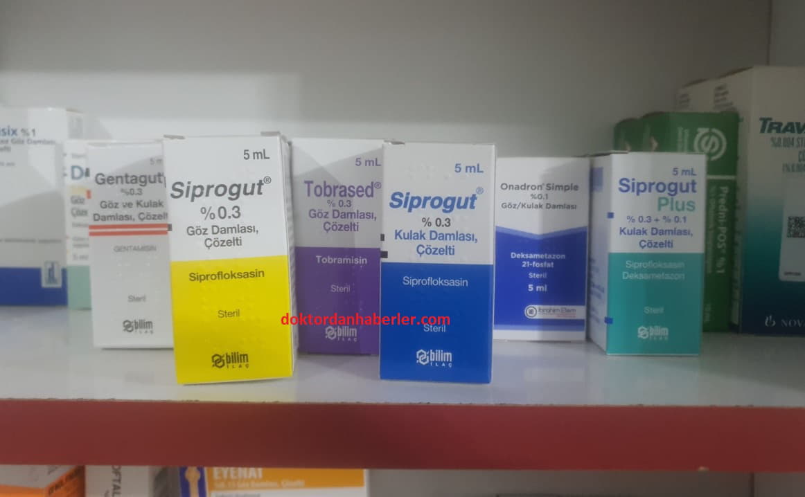 Siprogut Kulak Damlası: Müthiş Bir İlaç siprogut ve benzer ilaçların bulunduğu eczane rafı